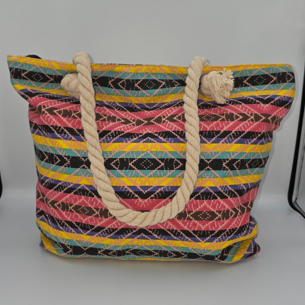 Boho Woven Tribal Print Beach Tote Bag Pink Yellow Rope Handles Zipper